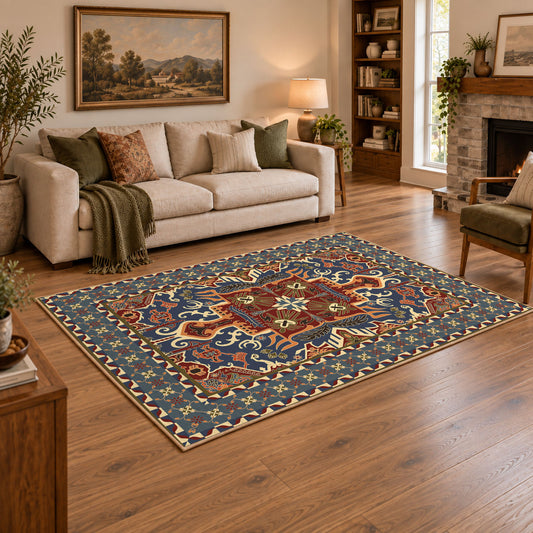 Teal and rust Persian floral area rug with an ornate allover pattern, angled room view