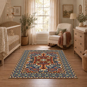 Teal and rust Persian floral area rug with an ornate allover pattern, full pattern view