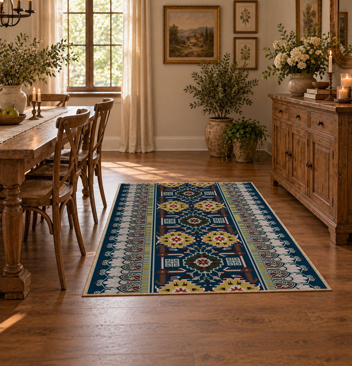 Blue multicolor Oriental area rug with a detailed traditional border, featured room view