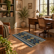 Blue multicolor Oriental area rug with a detailed traditional border, complete product view