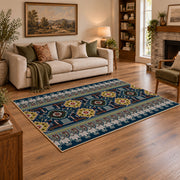 Blue multicolor Oriental area rug with a detailed traditional border, angled room view