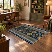 Blue multicolor Oriental area rug with a detailed traditional border, wood floor styling