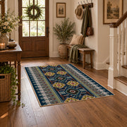 Blue multicolor Oriental area rug with a detailed traditional border, close decorative detail