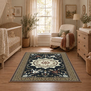 Black and cream floral medallion area rug with a traditional Persian layout, full pattern view