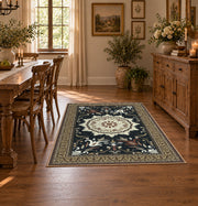 Black and cream floral medallion area rug with a traditional Persian layout, front room mockup