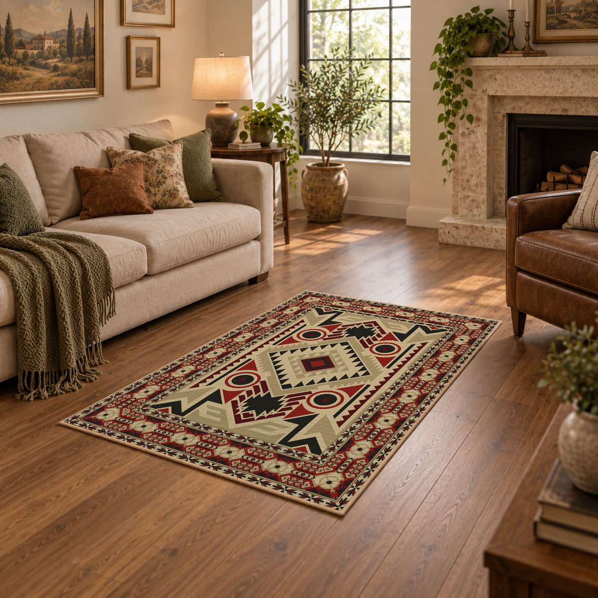 Beige and red tribal symbol area rug with a geometric Southwest-inspired pattern, featured room view