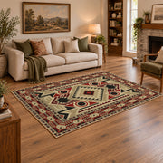 Beige and red tribal symbol area rug with a geometric Southwest-inspired pattern, angled room view