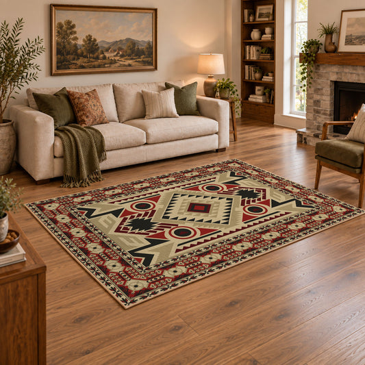Beige and red tribal symbol area rug with a geometric Southwest-inspired pattern, angled room view
