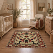 Beige and red tribal symbol area rug with a geometric Southwest-inspired pattern, full pattern view