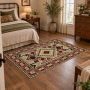 Beige and red tribal symbol area rug with a geometric Southwest-inspired pattern, soft surface detail