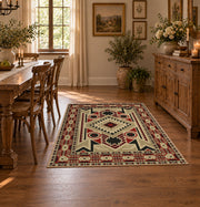 Beige and red tribal symbol area rug with a geometric Southwest-inspired pattern, front room mockup