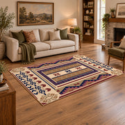 Beige and purple Southwestern area rug with bold tribal geometric motifs, featured room view