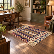 Beige and purple Southwestern area rug with bold tribal geometric motifs, soft surface detail