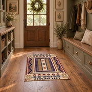 Beige and purple Southwestern area rug with bold tribal geometric motifs, front room mockup