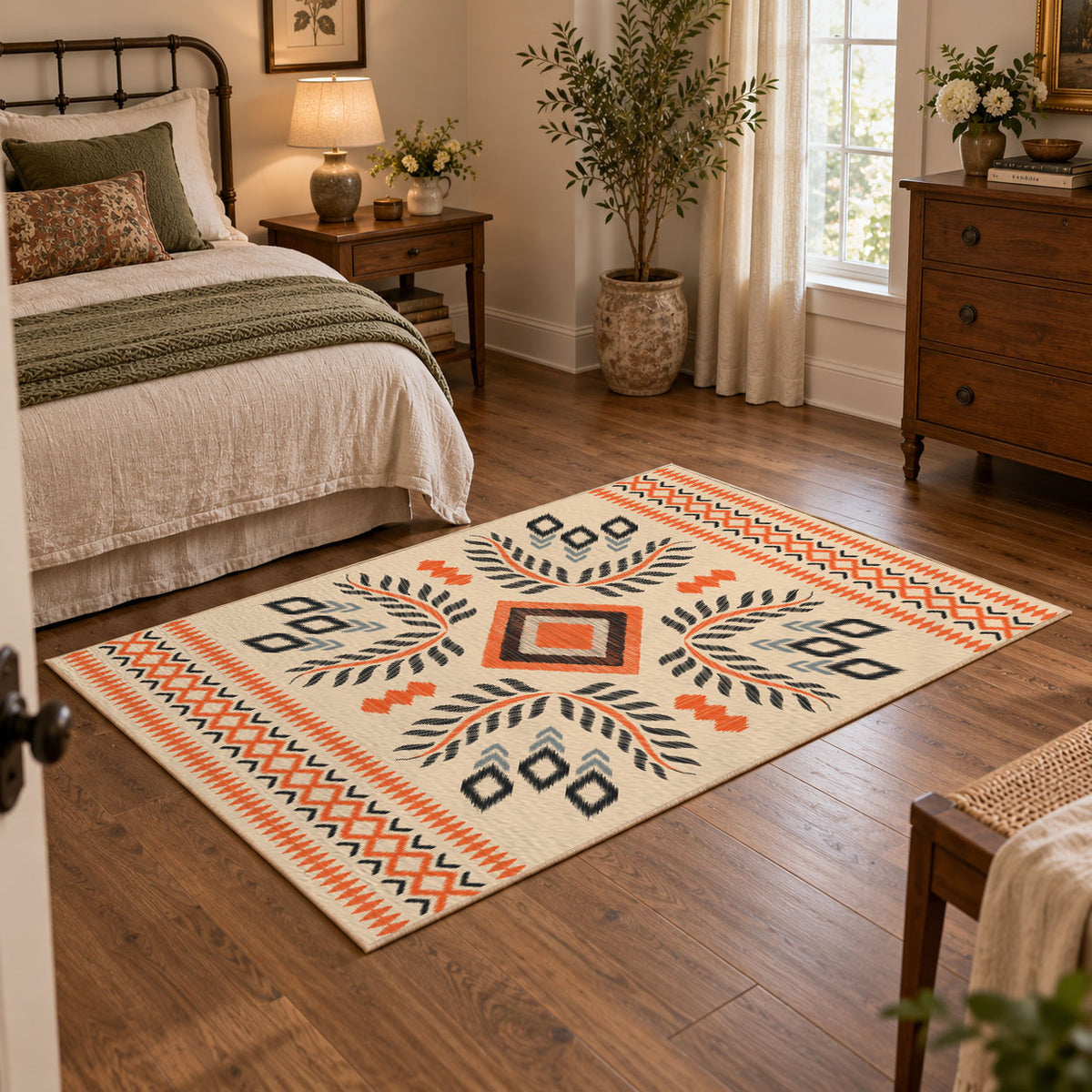 Cream and orange tribal diamond area rug with black and gray accents, featured room view
