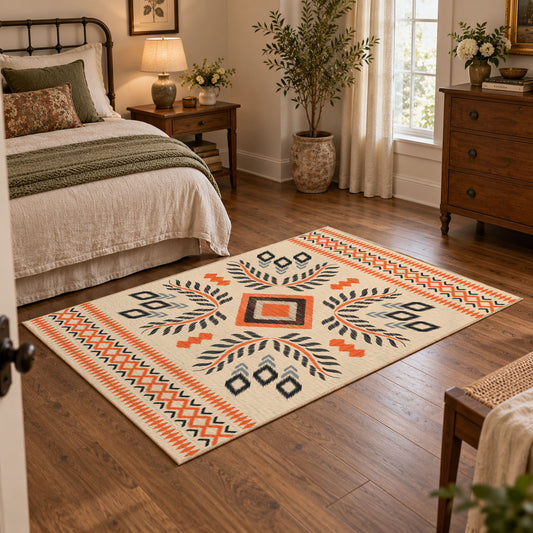 Cream and orange tribal diamond area rug with black and gray accents, featured room view