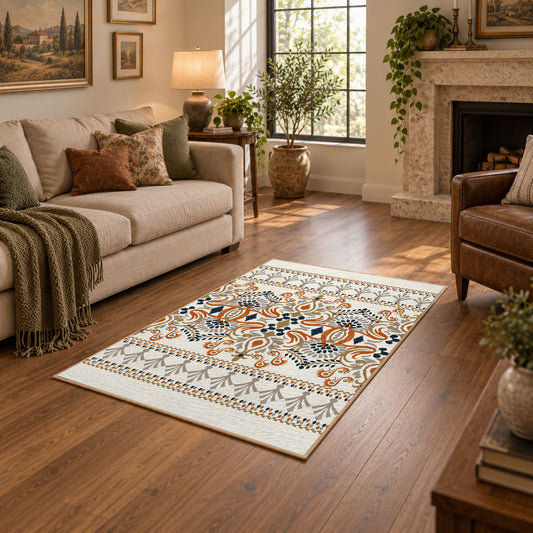 Cream and blue folk floral area rug with orange botanical details, featured room view