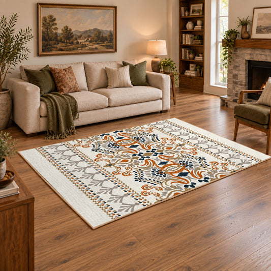 Cream and blue folk floral area rug with orange botanical details, angled room view