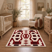 Burgundy and cream geometric area rug with a bold interlocking pattern, full pattern view