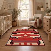 Red and black tribal cross area rug with cream geometric details, full pattern view