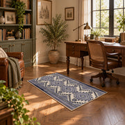 Blue and white diamond area rug with an allover traditional geometric pattern, complete product view