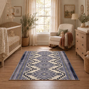 Blue and white diamond area rug with an allover traditional geometric pattern, full pattern view