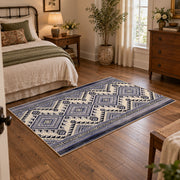 Blue and white diamond area rug with an allover traditional geometric pattern, soft surface detail