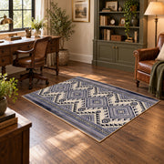 Blue and white diamond area rug with an allover traditional geometric pattern, wood floor styling
