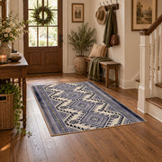 Blue and white diamond area rug with an allover traditional geometric pattern, close decorative detail