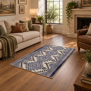 Blue and white diamond area rug with an allover traditional geometric pattern, design detail view