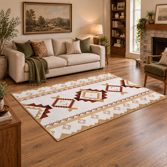 Cream and rust tribal area rug with brown and gold diamond motifs, angled room view