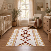Cream and rust tribal area rug with brown and gold diamond motifs, full pattern view