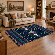 Navy and red Persian area rug with a detailed traditional medallion, angled room view