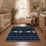 Navy and red Persian area rug with a detailed traditional medallion, full pattern view