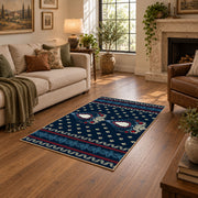 Navy and red Persian area rug with a detailed traditional medallion, design detail view