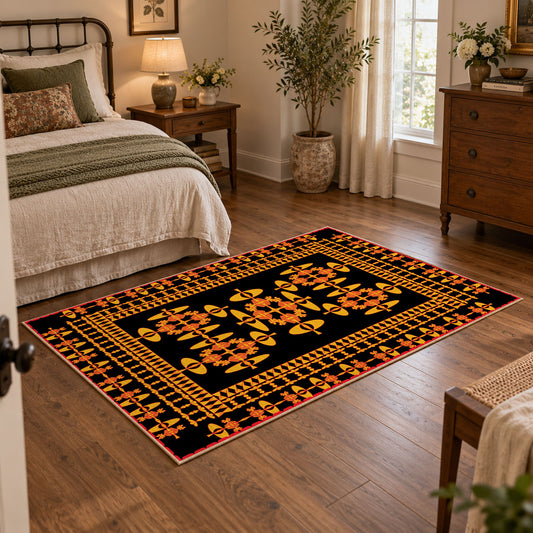 Black and orange tribal area rug with bold geometric border motifs, featured room view