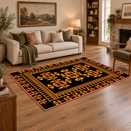 Black and orange tribal area rug with bold geometric border motifs, angled room view