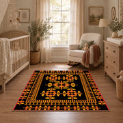 Black and orange tribal area rug with bold geometric border motifs, full pattern view