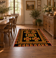 Black and orange tribal area rug with bold geometric border motifs, close decorative detail