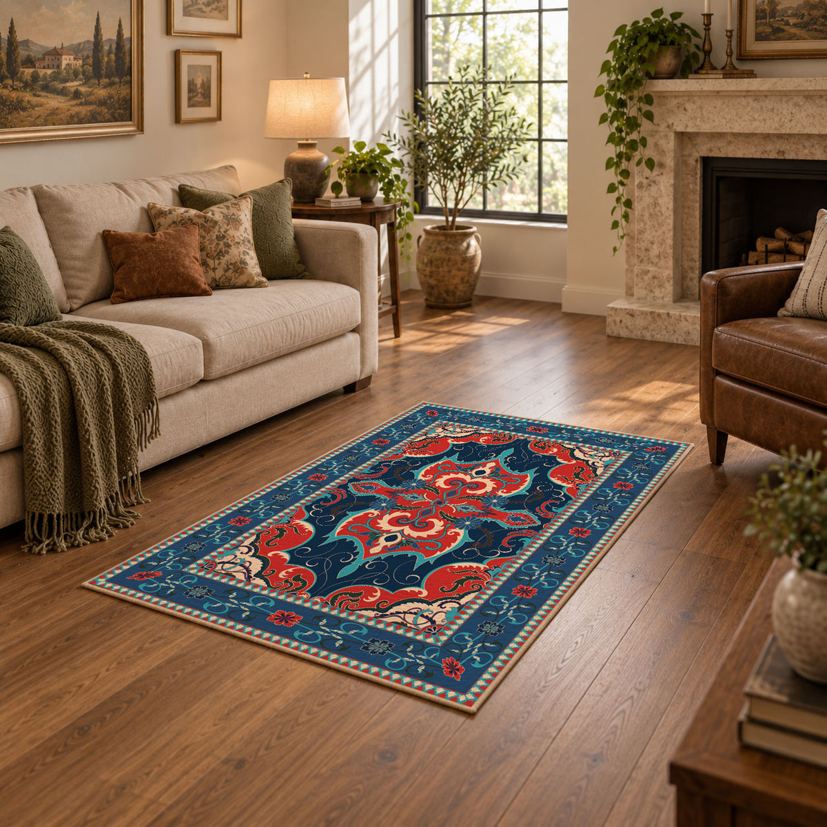 Teal and red Persian area rug with ornate floral details and a patterned border, featured room view