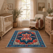 Teal and red Persian area rug with ornate floral details and a patterned border, full pattern view