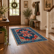 Teal and red Persian area rug with ornate floral details and a patterned border, close decorative detail