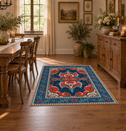 Teal and red Persian area rug with ornate floral details and a patterned border, front room mockup