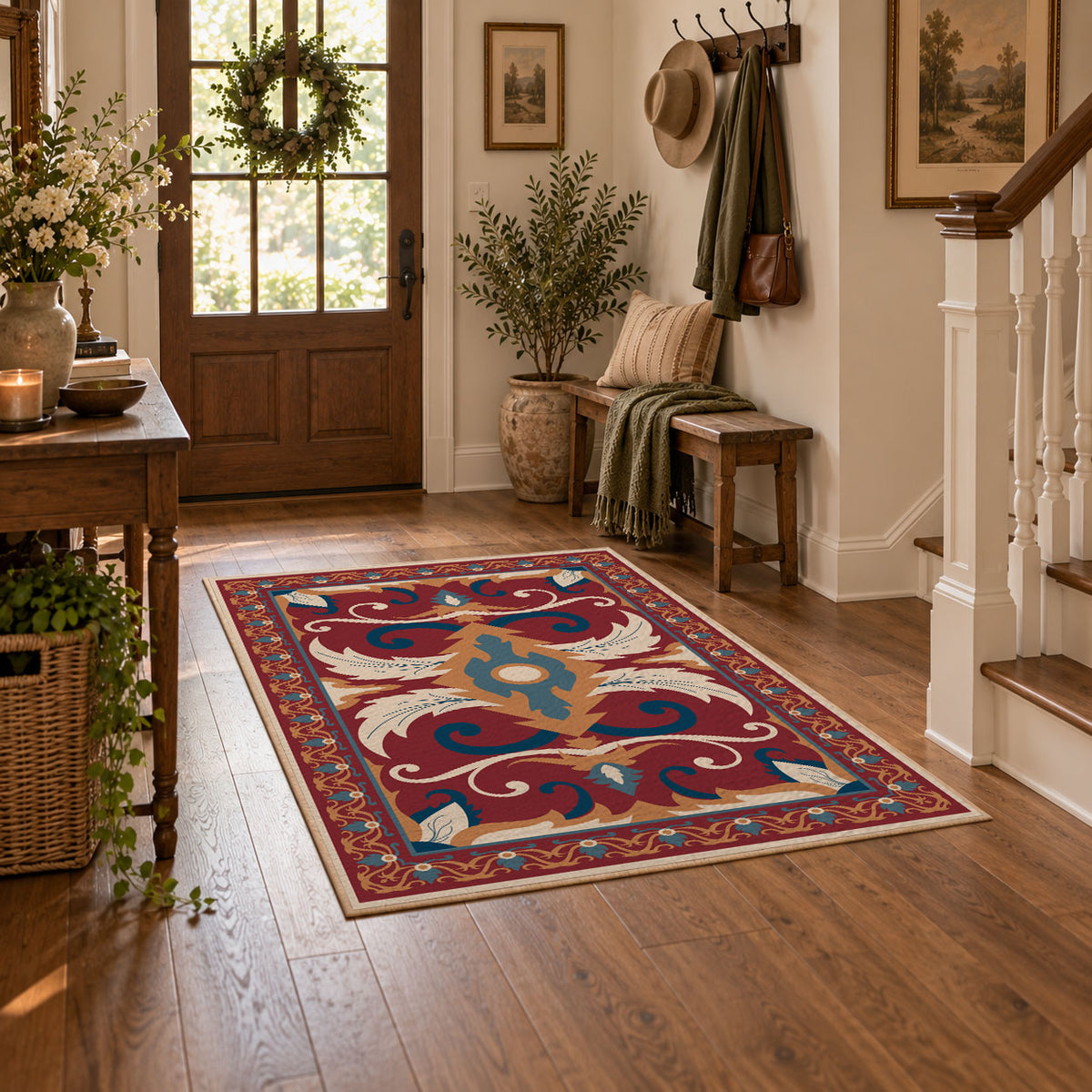 Red and blue ornate floral area rug with cream and teal scroll motifs, featured room view