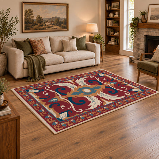 Red and blue ornate floral area rug with cream and teal scroll motifs, angled room view