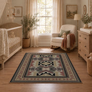 Gray and brown Southwestern area rug with black tribal geometric motifs, full pattern view
