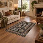 Gray and brown Southwestern area rug with black tribal geometric motifs, design detail view