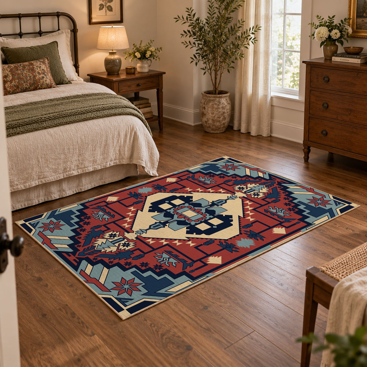 Blue and red tribal medallion area rug with cream and teal accents, featured room view