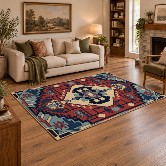 Blue and red tribal medallion area rug with cream and teal accents, angled room view