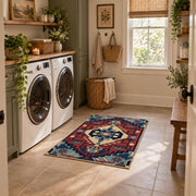 Blue and red tribal medallion area rug with cream and teal accents, wide interior view